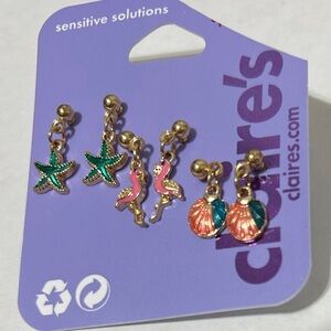 Claire’s Beach Earrings Flamingo, Starfish, Seashell Set of 3 Sensitive NEW